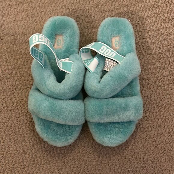 Turquoise Oh Yeah UGG slide fur sandals women - Picture 1 of 3
